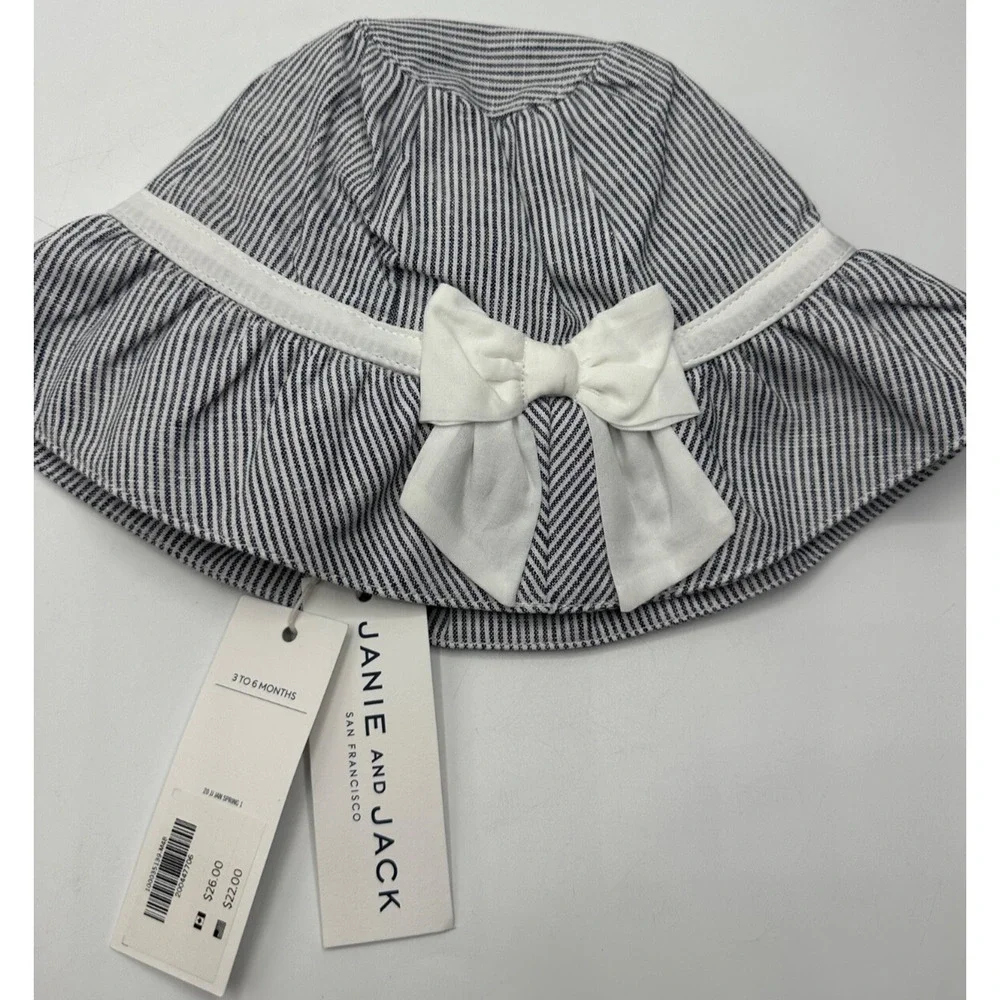 NEW Janie & Jack infant sun hat size 3-6 months Linen Blend Striped $22 Bow B16 - Picture 1 of 5